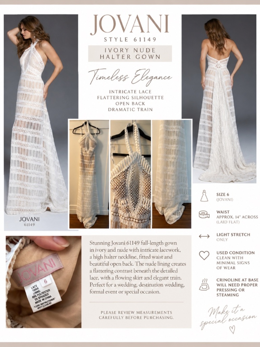 Jovani 61149 Ivory/Nude Lace Halter Gown